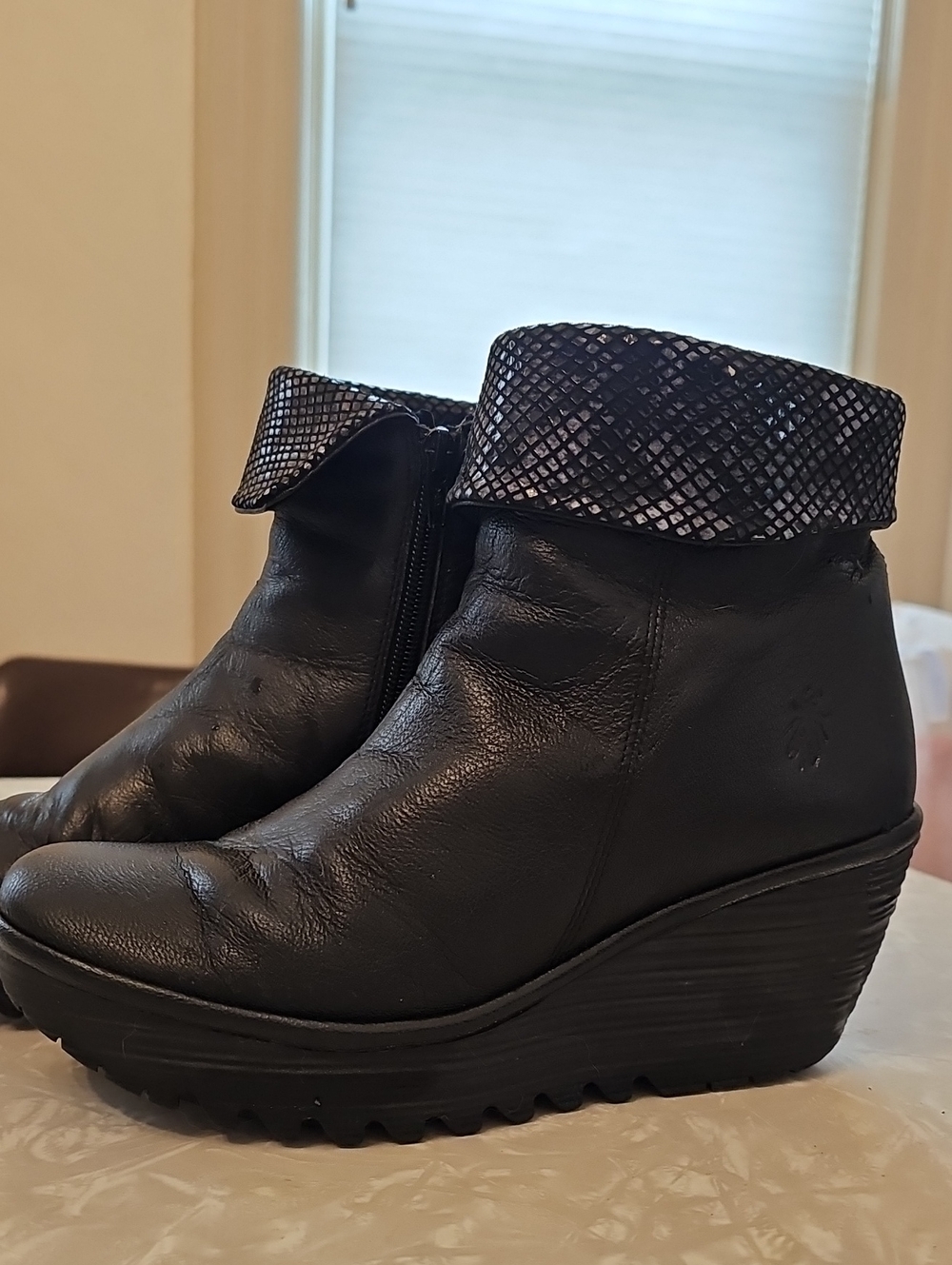 FLY London Wedge Ankle Boots with Fold-Over Cuff - Black